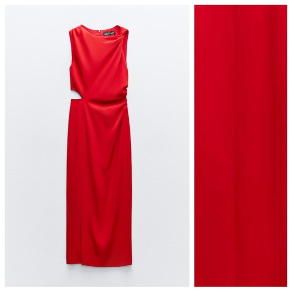 NWT. Zara Red Cut Out Ruched Midi Dress. Size S. - Picture 2 of 10